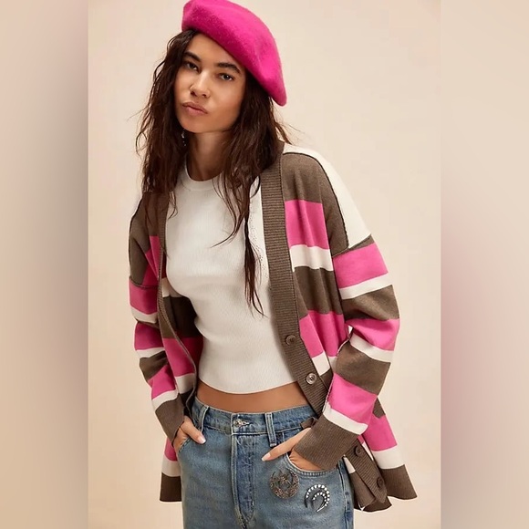 🍒 Free People League Of Her Own Striped Cardigan - Aurora Pinecone Combo